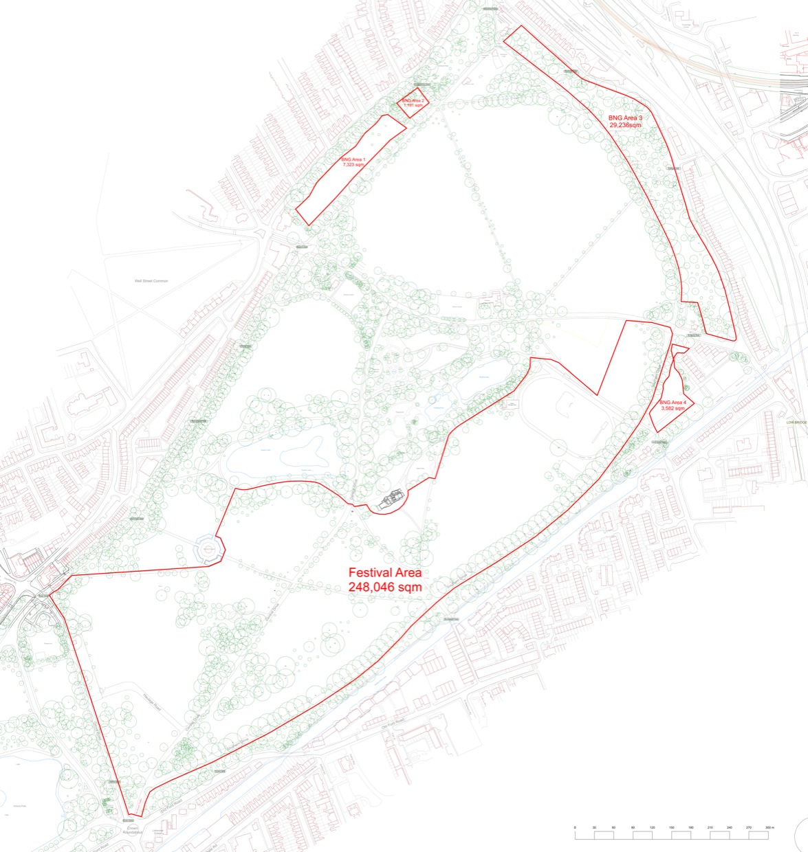 Plan of Victoria Park with a red outline marking the 24.8-hectare 'Festival Area' — the central and eastern fields, reaching from Crown Gate in the south, along Old Ford Road, up to the lakes in the north-east — that the application would enclose.